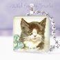 Vintage Postcard Tuxedo CAT BLUE BOW 1" glass tile pendant necklace NEW