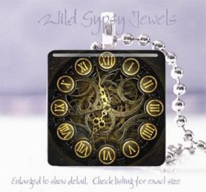 Black Gold Clock Time Victorian Si-Fi SteamPunk 1" g;ass tile pendant necklace