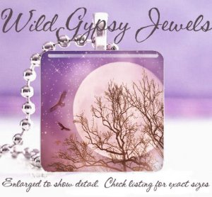 Surreal Celestial MAUVE Sky MOON Hawks Birds 1" Glass Tile Pendant necklace Gift