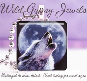 Wolf Blue Moon howing B&W gray nature lover GIFT 1" glass tile pendant necklace