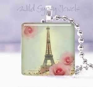 French Eiffel Tower Vintage Roses Aqua Pink 1" pendant