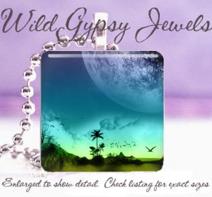 Surreal Celestial Aqua Teal Sky Paradise MOON 1" Glass Tile Pendant necklace NEW