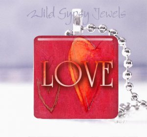 Valentine's Day red heart modern LOVE 1" glass tile pendant necklace GIFT idea