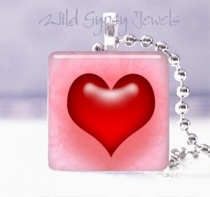 Valentine's Day 3D RED Pink HEART 1" glass tile pendant necklace GIFT idea NEW