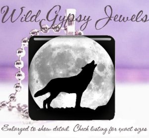 Wolf Silhouette full Moon howling B&W gray nature 1" glass tile pendant necklace