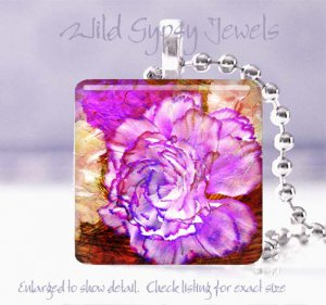 Bright FLORAL lavender peach rust purple 1" glass tile pendant necklace Gift Ide