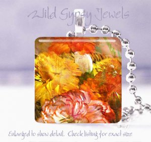 Flowers rust maize gold orange autumn 1" glass tile pendant necklace Gift Idea
