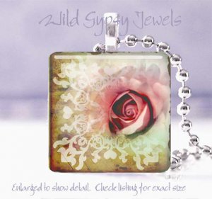 Pale Pastel rose mint green sienna ivory 1" glass tile pendant necklace Gift Ide