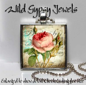 Peach Vtg Cabbage Rose chic 1" glass tile metal charm pendant necklace gift idea