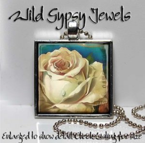 Vtg ivory rose dew drop chic 1" glass tile metal charm pendant necklace gift ide
