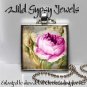 Vtg Victorian Pink Roses chic shabby 1" glass tile metal charm pendant necklace