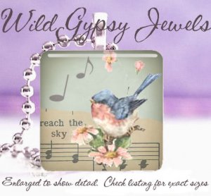 Music Musical notes Blue Bird spring chic shabby 1" glass tile pendant necklace