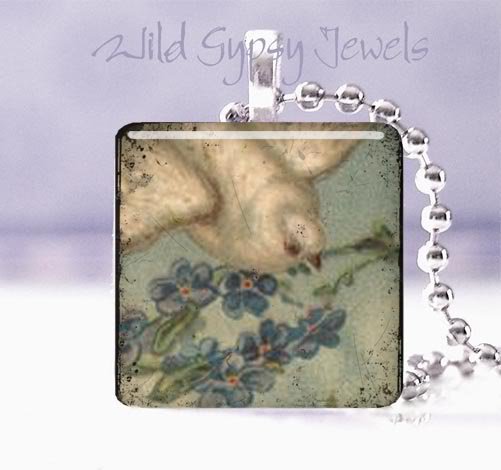 Vintage Dove blue violets grey cream Victorian 1" glass tile pendant necklace