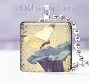 Blue Violet Morning Glory Butterfly Vintage chic 1" glass tile pendant necklace