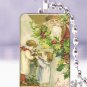Vtg. Santa Christmas tree children postcard 1 x 1.5" glass tile pendant necklace