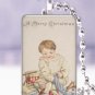 Vtg Christmas Victorian toy boy child postcard image glass tile pendant necklace