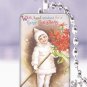 Vtg. Postcard snowsuit child Christmas Gift 1 x 1.5" glass tile pendant necklace