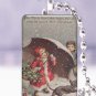 Vtg. Christmas children snow dog postcard 1 x 1.5" glass tile pendant necklace