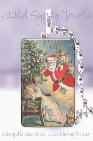 Vtg. Santa Christmas tree child postcard 1 x 1.5" glass tile pendant necklace