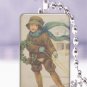 Vtg Christmas wreath boy sled postcard image 1 x 1.5 glass tile pendant necklace