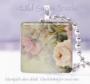 HP lush roses pink ivory cream Victorian glass tile pendant necklace made in USA