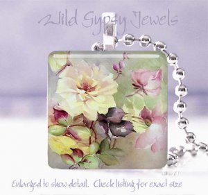 Hand painted pink cream yellow aqua 1" chic & shabby glass tile pendant necklace