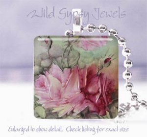 Hand painted pink rose aqua green Victorian glass tile pendant necklace made USA