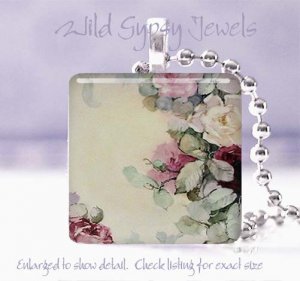 Neutral bg hand painted roses pink burgundy aqua 1" glass tile pendant necklace