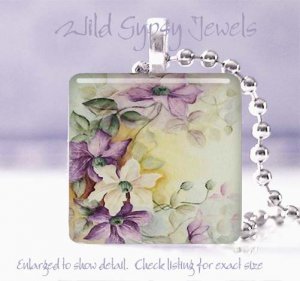 Chic Victorian style HP floral purple white cream 1" glass tile pendant necklace
