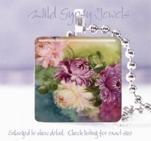 Chic shabby hand painted roses purple pink glass tile pendant necklace made USA