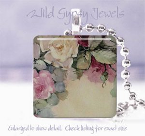 Rose bower ivory pink white Victorian 1" glass tile pendant necklace made in USA