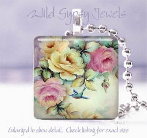 HP roses pink yellow aqua ivory 1" chic glass tile pendant necklace made in USA