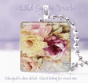 HP yellow gray ivory roses pink Victorian glass tile pendant necklace made in US