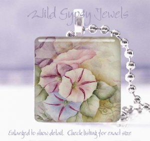 HP Pink Lavender Blue Morning Glories 1" glass tile pendant necklace made in USA