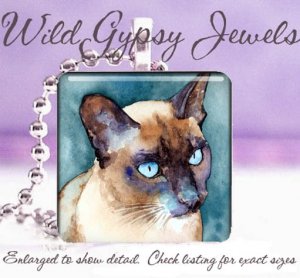 Siamese seal point Cat watercolor teal green blue 1" glass tile pendant necklace