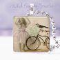 Vtg girl in Pink bird bicycle ivory Gift idea 1" glass tile pendant necklace USA