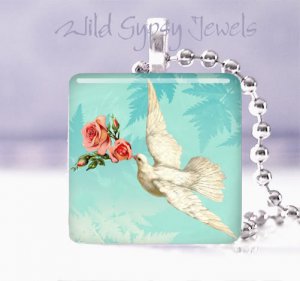 White Dove roses aqua sky sweet Gift idea 1" glass tile pendant necklace in USA