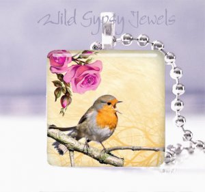 Orange breasted Vtg bird rose ivory Gift idea 1" glass tile pendant necklace USA