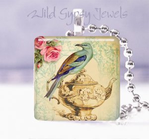 Vtg teapot teal bird roses ivory Gift idea 1" glass tile pendant necklace in USA