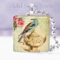Vtg teapot teal bird roses ivory Gift idea 1" glass tile pendant necklace in USA