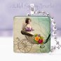 Vtg girl carriage rose sweet ivory Gift idea 1" glass tile pendant necklace USA
