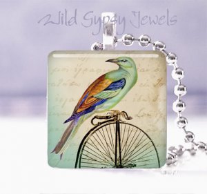 Teal bird Vtg big wheel bicycle HOT Gift idea 1" glass tile pendant necklace USA