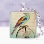 Teal bird Vtg big wheel bicycle HOT Gift idea 1" glass tile pendant necklace USA