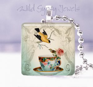 Teacup cuppa tea yellow bird rose ivory blue 1" GLASS tile pendant necklace