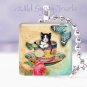 Tuxedo cat kitten teacup butterfly Gift idea 1" glass tile pendant necklace USA