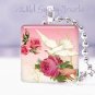 Vtg White Dove Rose PINK sweet chic Gift idea 1" glass tile pendant necklace USA