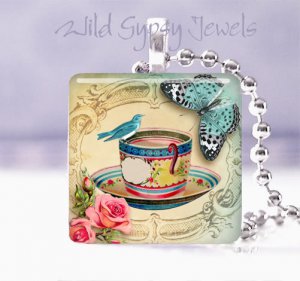 Blue Bird Butterfly roses tea cup pink ivory 1" glass tile pendant necklace USA