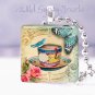 Blue Bird Butterfly roses tea cup pink ivory 1" glass tile pendant necklace USA