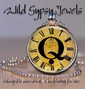 Altered Art CLOCK face glass round cabochon Necklace Pendant Charm Initial ~ Q