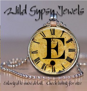 Altered Art CLOCK face glass round cabochon Necklace Pendant Charm Initial ~ E
